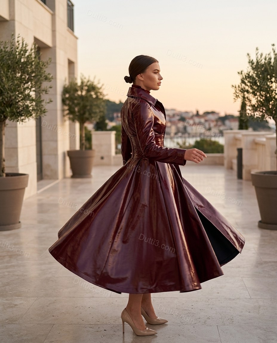 Burgundy Lace Coat, movement and fit lifestyle view, by Dutti3