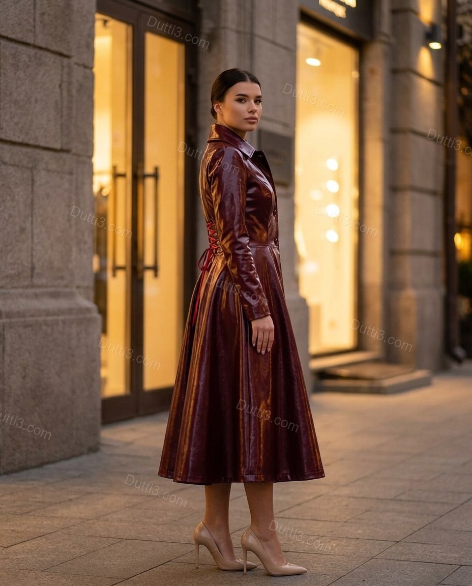 Burgundy Lace Coat, three-quarter brand lifestyle view, by Dutti3