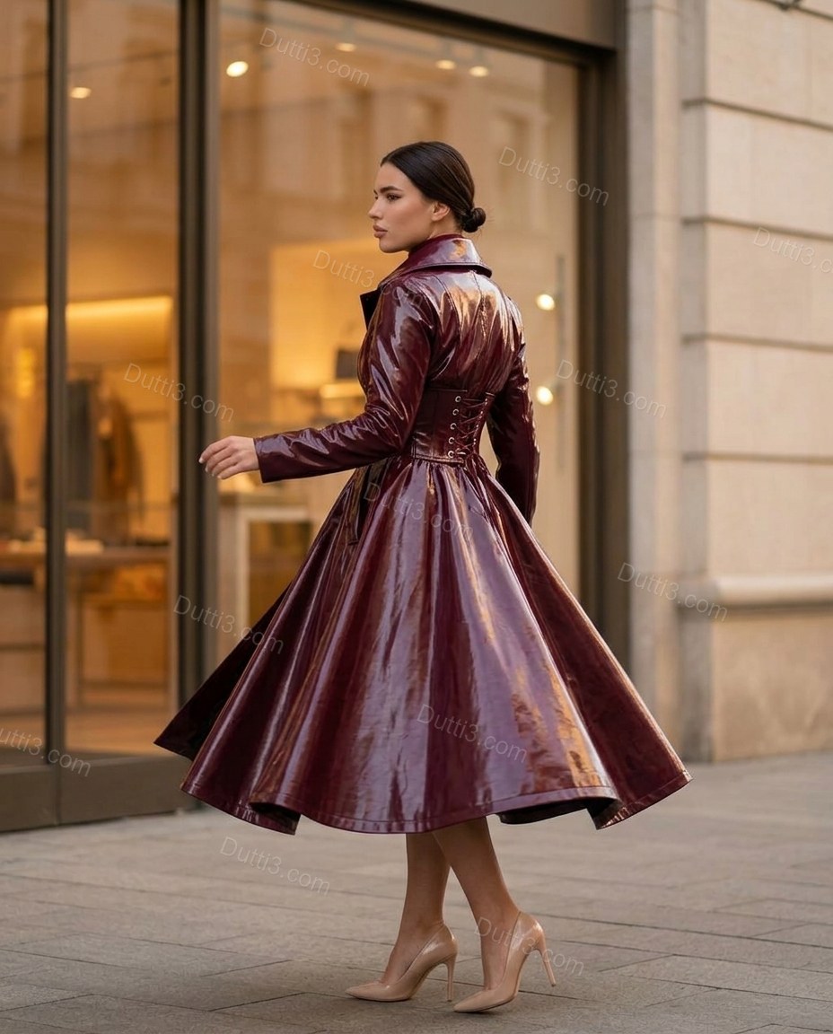 Burgundy Lace Coat, walking lifestyle view, by Dutti3
