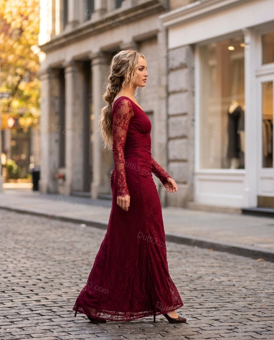 Burgundy Maxi Lace Dress, walking lifestyle view, by Dutti3