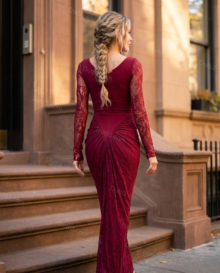 Burgundy Maxi Lace Dress, alternate use-case lifestyle view, by Dutti3