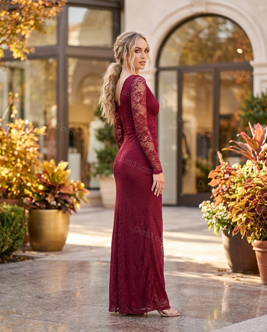 Burgundy Maxi Lace Dress, three-quarter brand lifestyle view, by Dutti3