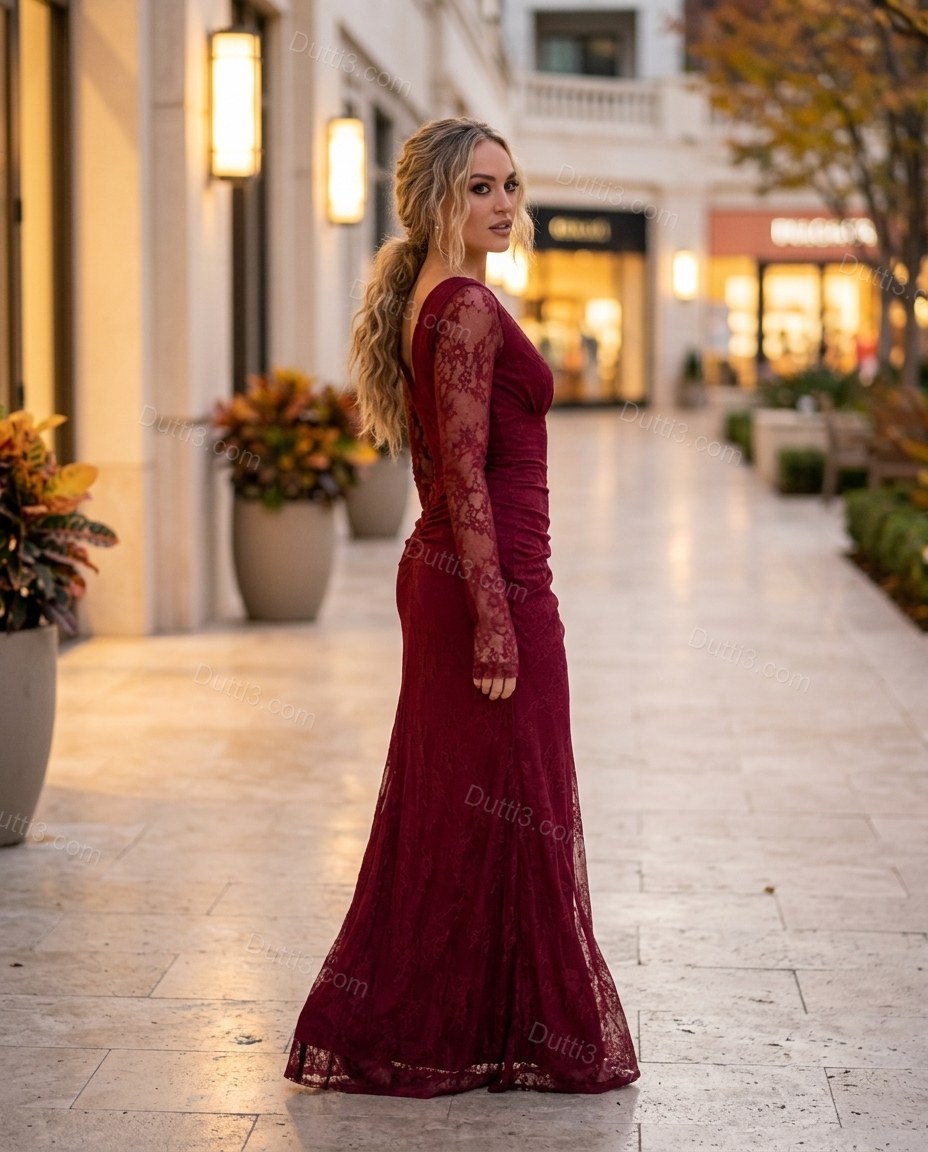 Burgundy Maxi Lace Dress, movement and fit lifestyle view, by Dutti3