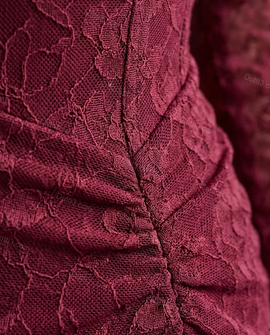 Burgundy Maxi Lace Dress, close-up of ruched back panel, seamed bodice and gathered bodice, by Dutti3
