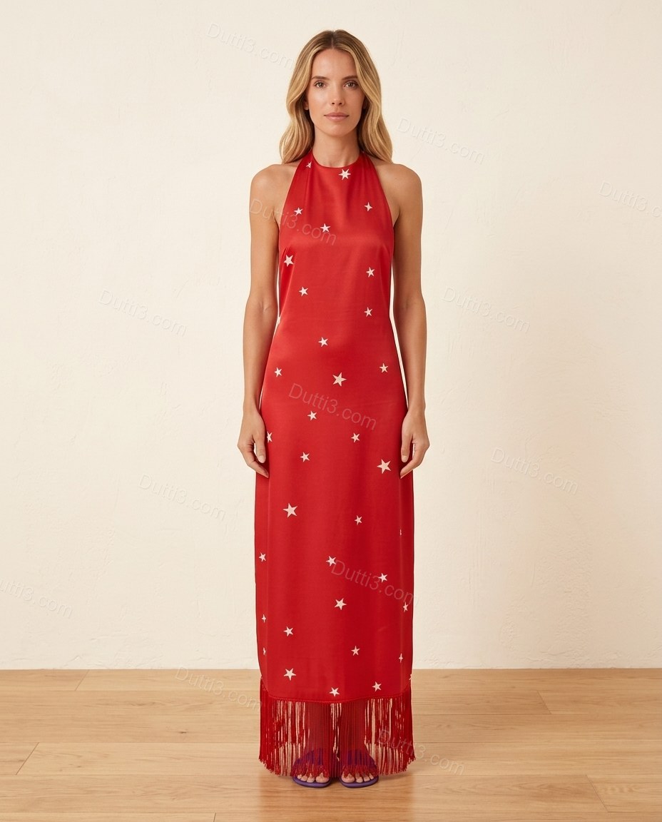 Red Maxi Open-Back Halter Dress, full-length hero view, by Dutti3