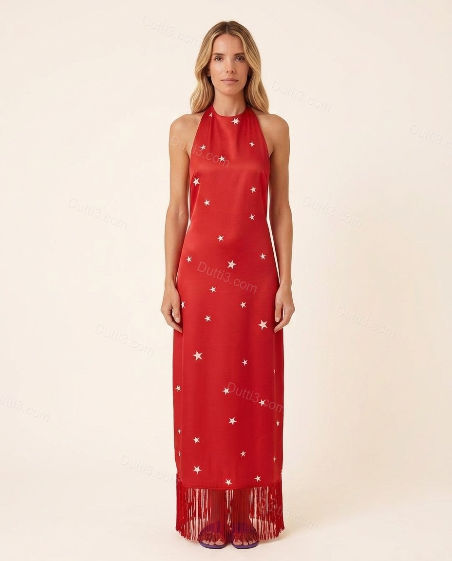 Red Maxi Open-Back Halter Dress, front studio view, by Dutti3