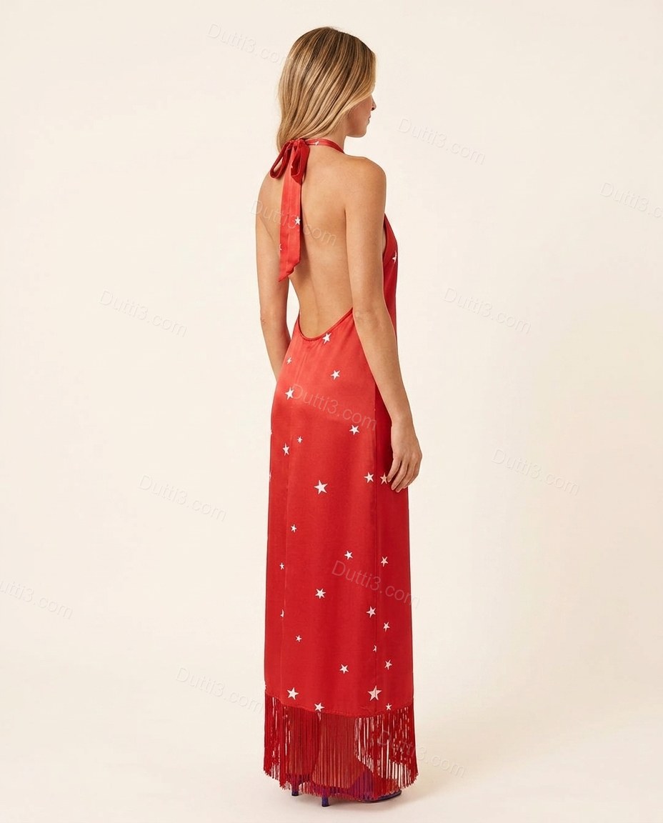 Red Maxi Open-Back Halter Dress, back studio view showing open back with halter neck tie, by Dutti3