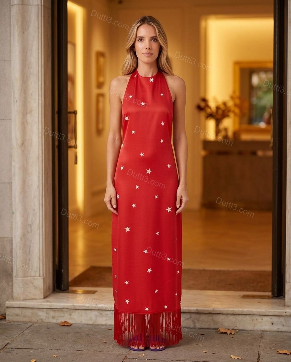 Red Maxi Open-Back Halter Dress, three-quarter brand lifestyle view, by Dutti3