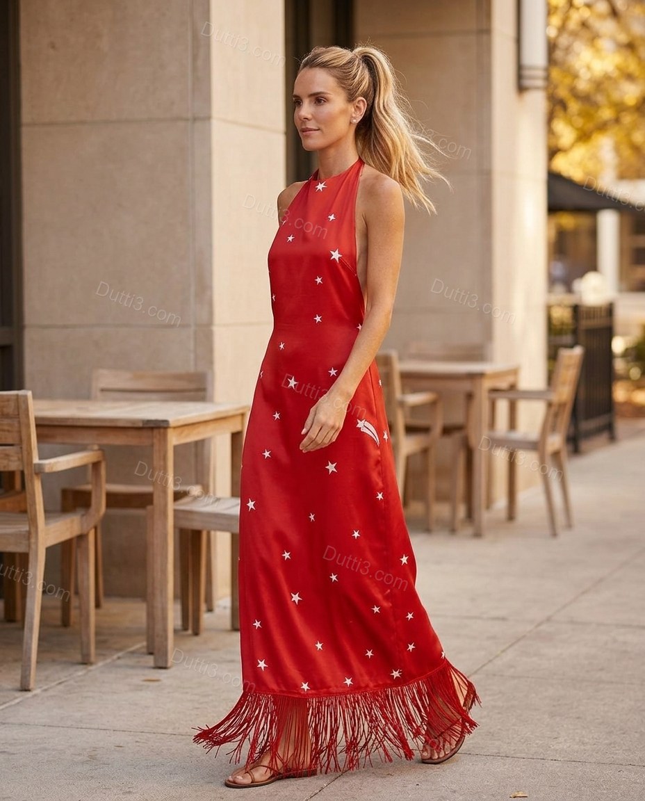 Red Maxi Open-Back Halter Dress, walking lifestyle view, by Dutti3