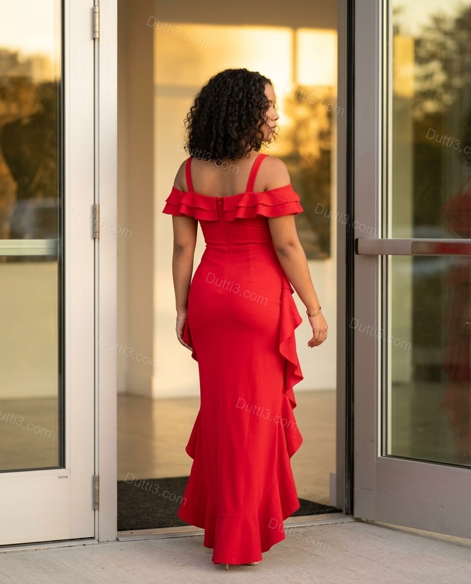 Red Ruffled Dress, movement and fit lifestyle view, by Dutti3