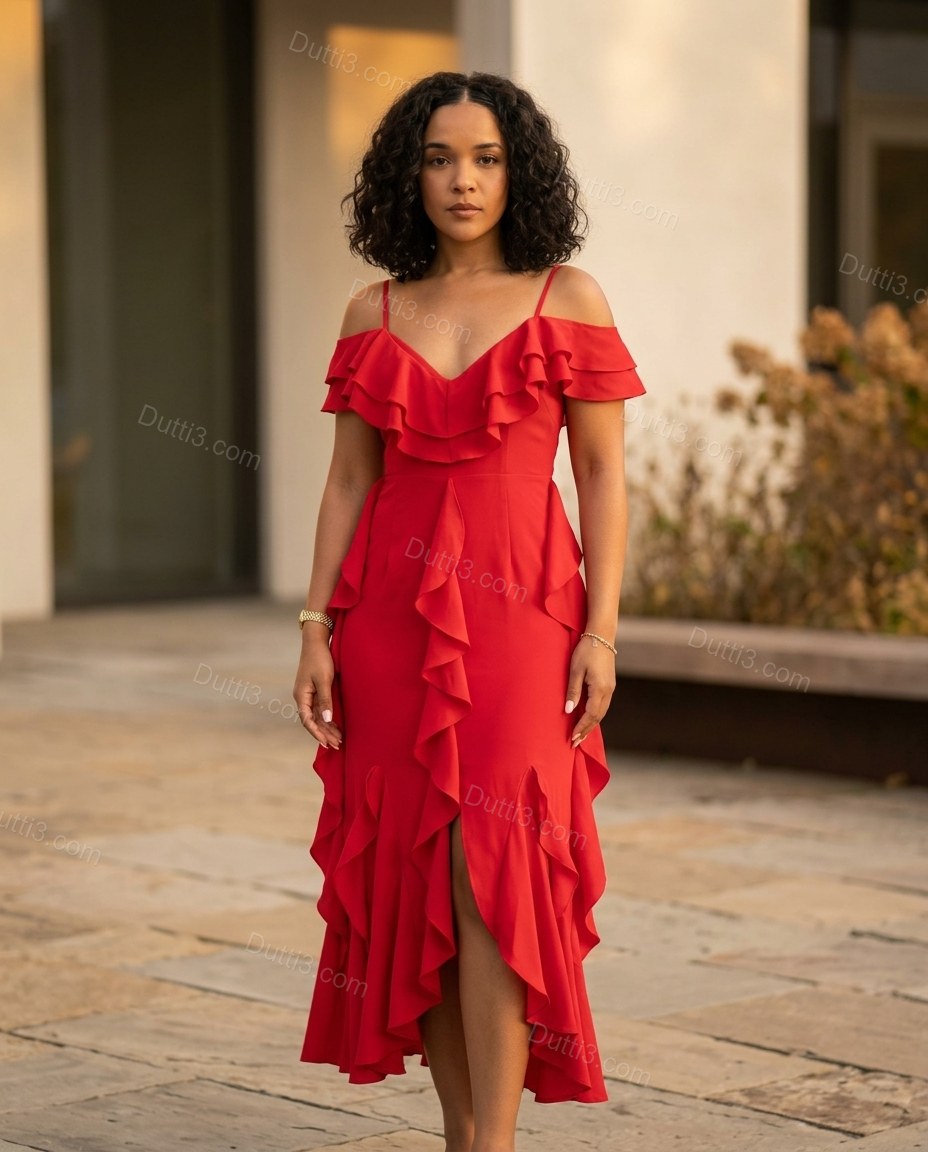 Red Ruffled Dress, full-length hero view, by Dutti3