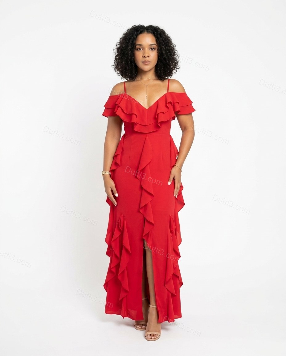 Red Ruffled Dress, side and back studio view showing simple fitted back with shoulder straps, by Dutti3