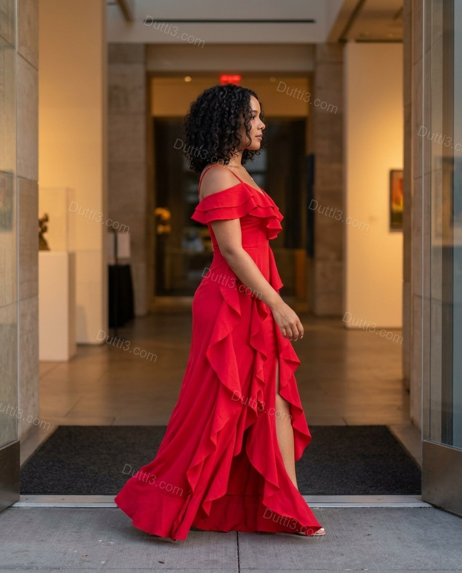 Red Ruffled Dress, walking lifestyle view, by Dutti3