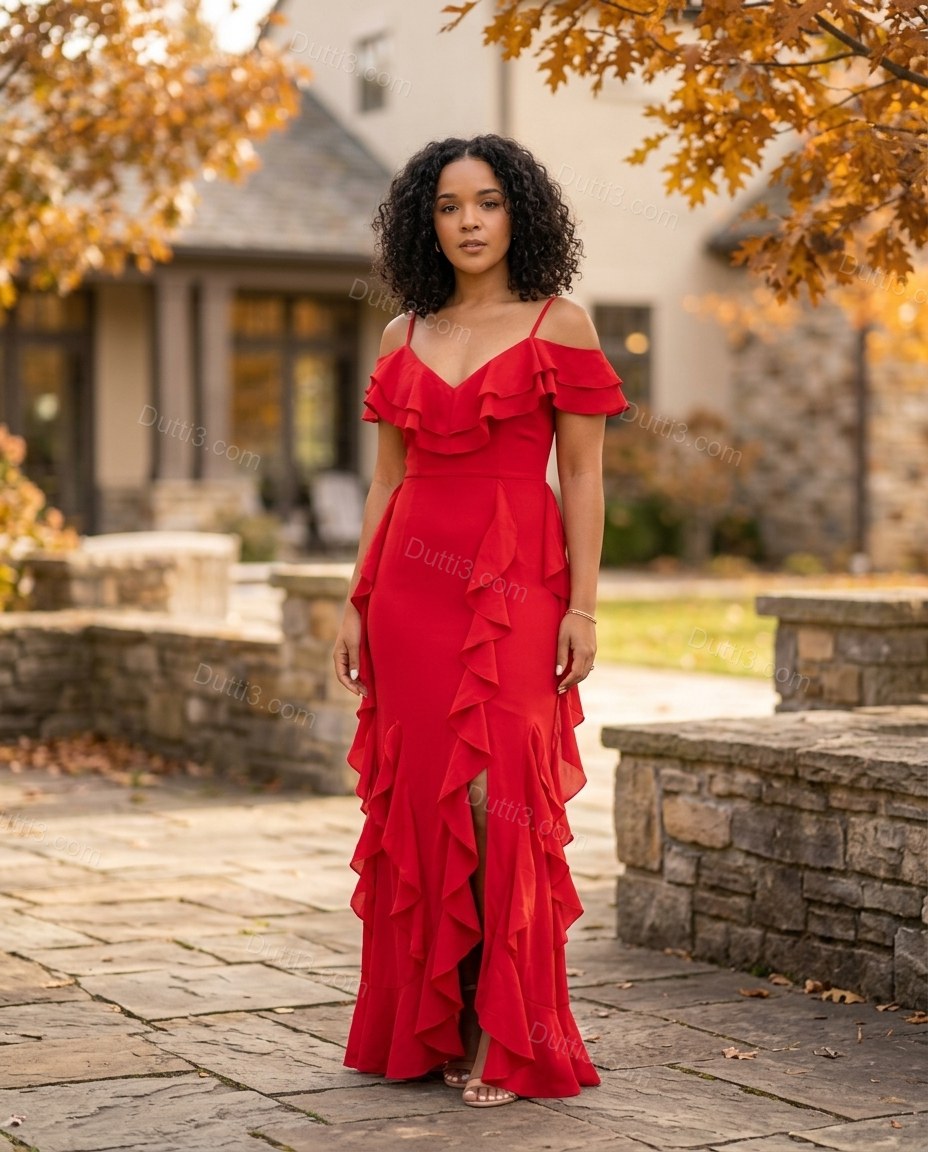 Red Ruffled Dress, three-quarter brand lifestyle view, by Dutti3