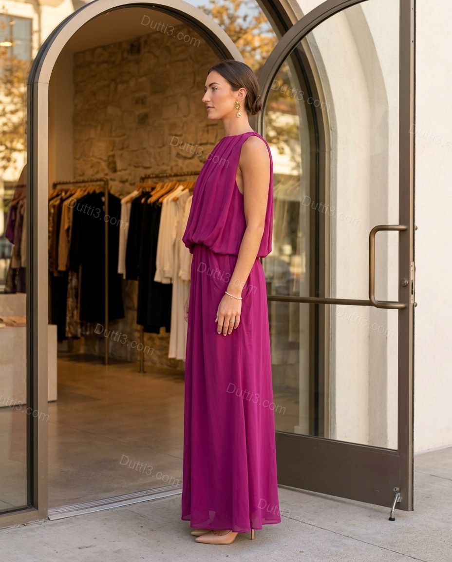 Magenta Maxi Open-Back Pleated Dress, three-quarter brand lifestyle view, by Dutti3