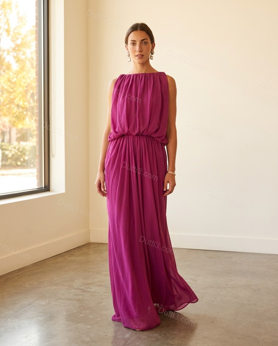Magenta Maxi Open-Back Pleated Dress, full-length hero view, by Dutti3
