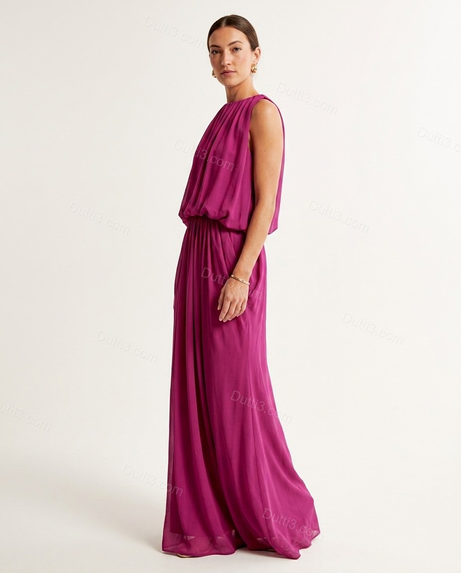 Magenta Maxi Open-Back Pleated Dress, side and back studio view showing open back design with a horizontal strap across the mid-back, by Dutti3