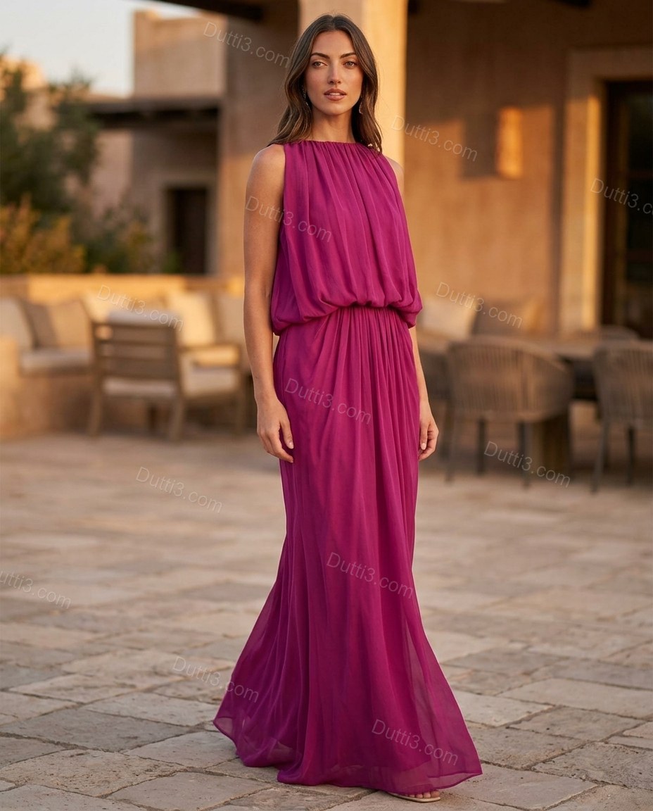 Magenta Maxi Open-Back Pleated Dress, alternate use-case lifestyle view, by Dutti3