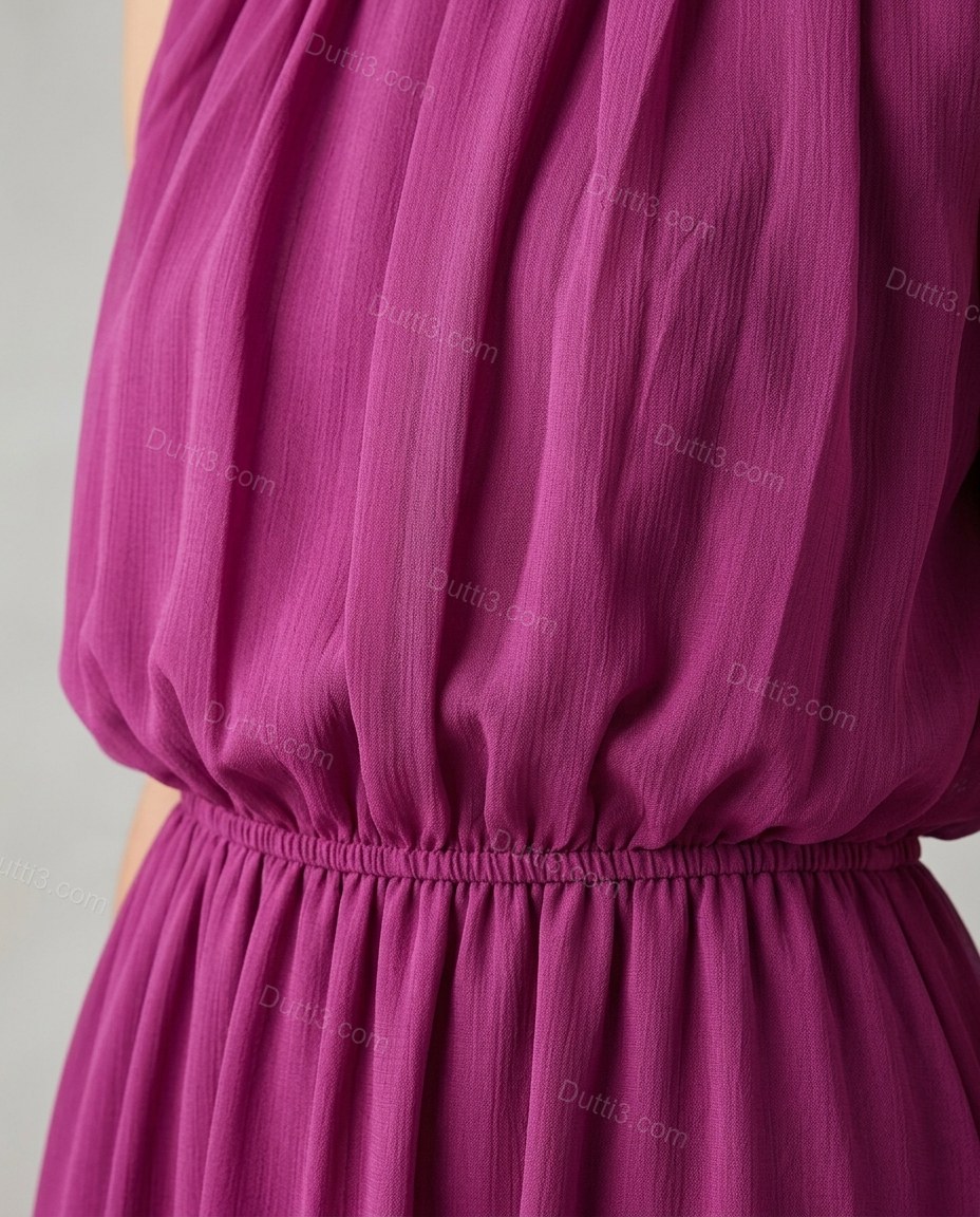 Magenta Maxi Open-Back Pleated Dress, close-up of bow detail at back, open back and gathered waist, by Dutti3