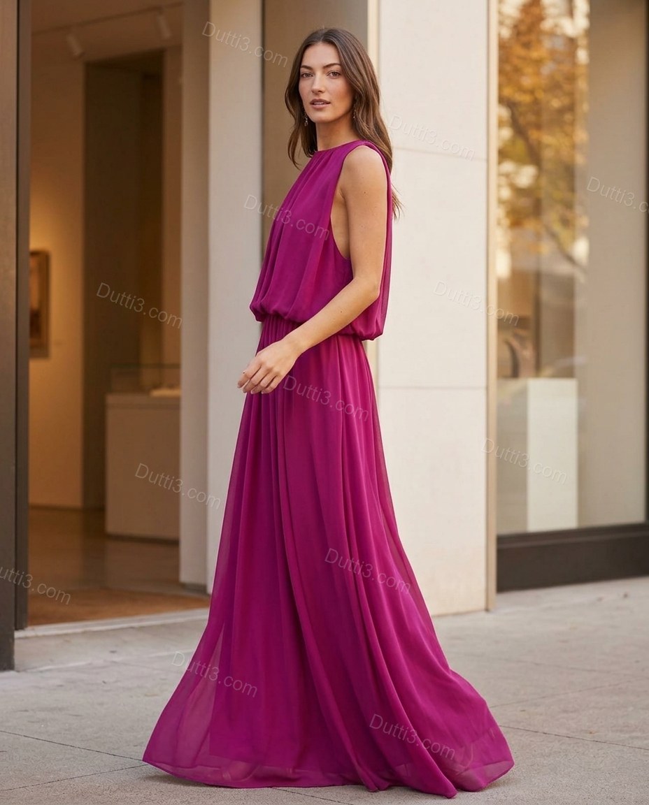 Magenta Maxi Open-Back Pleated Dress, movement and fit lifestyle view, by Dutti3