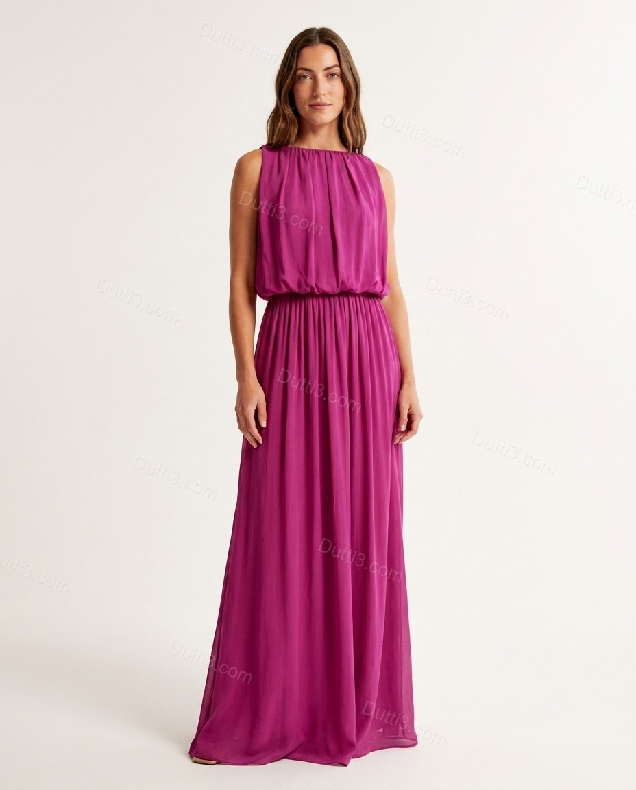 Magenta Maxi Open-Back Pleated Dress, front studio view, by Dutti3