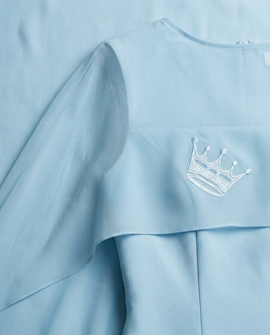 Light Blue Maxi Cape Embroidered Skirt Set, close-up of cape overlay, side slit and embroidery, by Dutti3