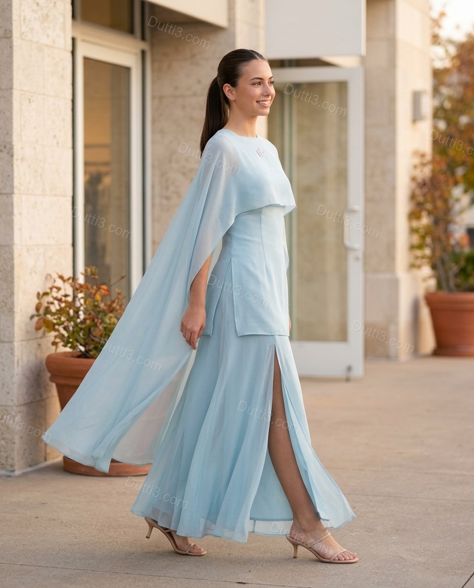 Light Blue Maxi Cape Embroidered Skirt Set, movement and fit lifestyle view, by Dutti3