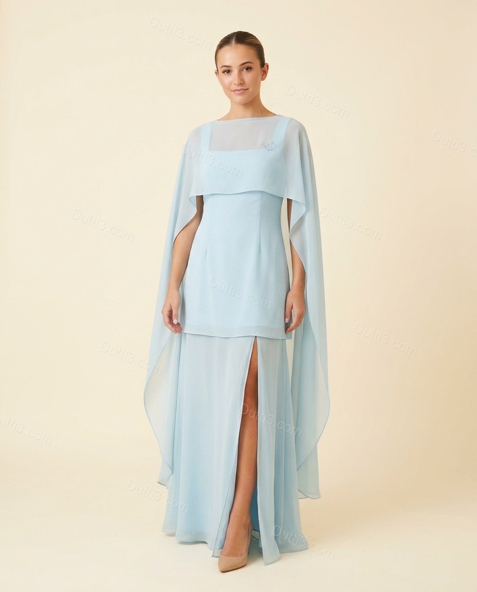 Light Blue Maxi Cape Embroidered Skirt Set, full-length hero view, by Dutti3