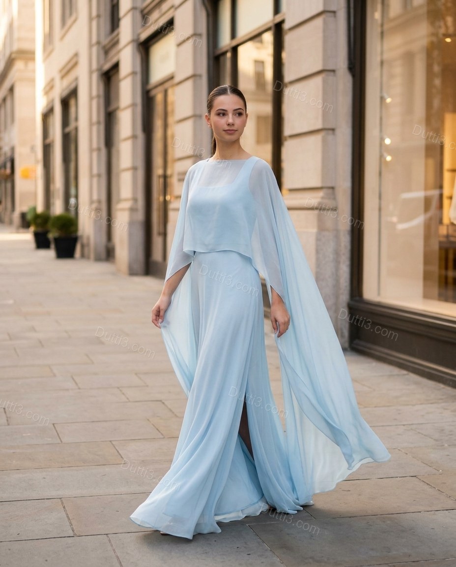 Light Blue Maxi Cape Embroidered Skirt Set, walking lifestyle view, by Dutti3