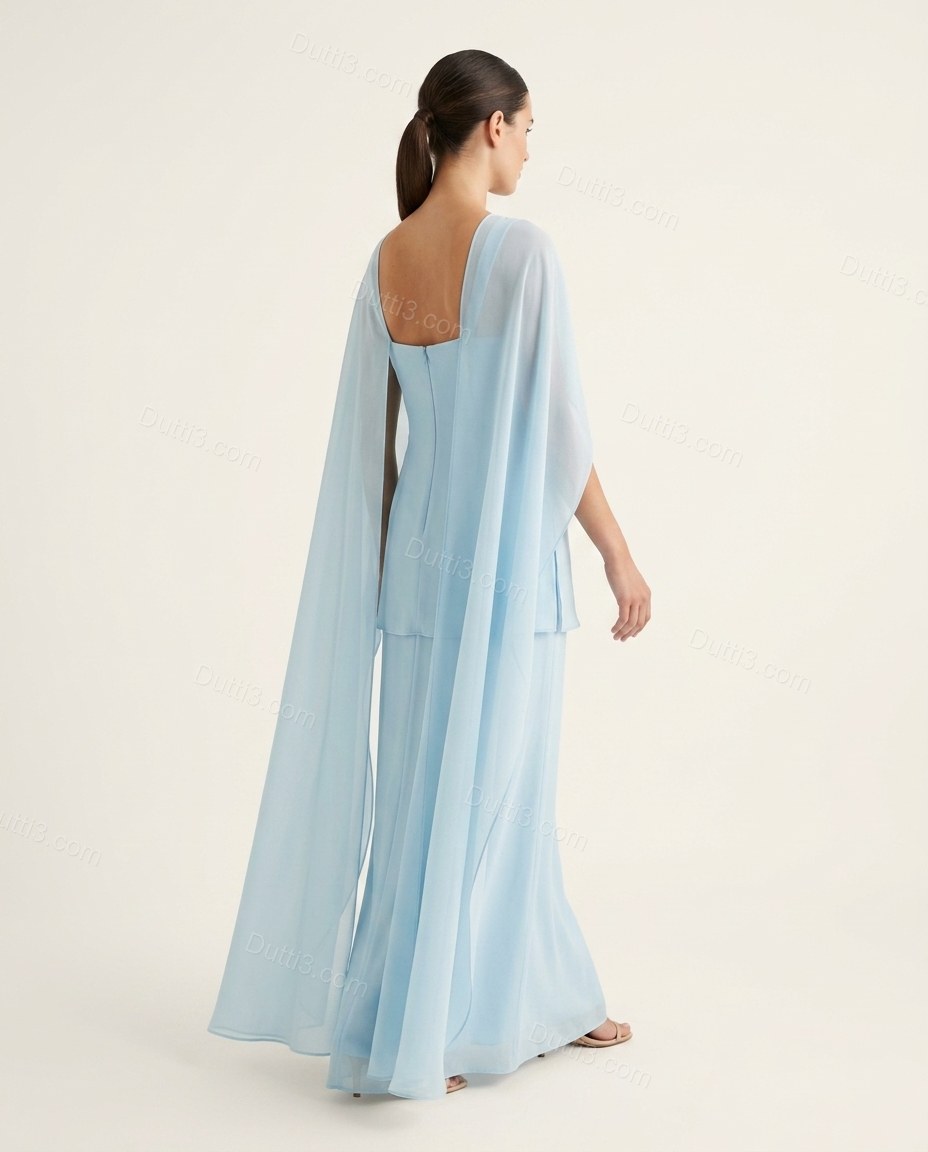 Light Blue Maxi Cape Embroidered Skirt Set, back studio view showing straight back bodice with central zipper, by Dutti3