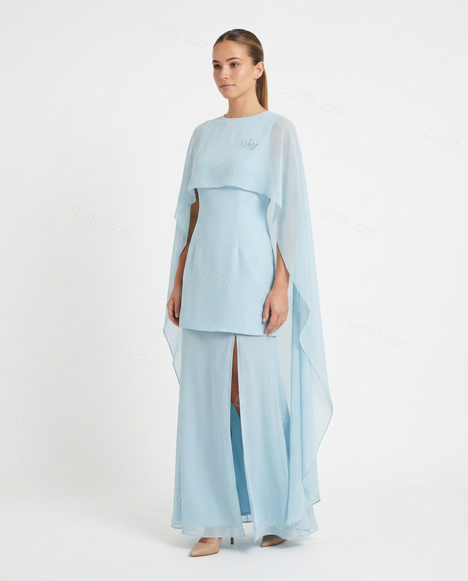 Light Blue Maxi Cape Embroidered Skirt Set, front studio view, by Dutti3