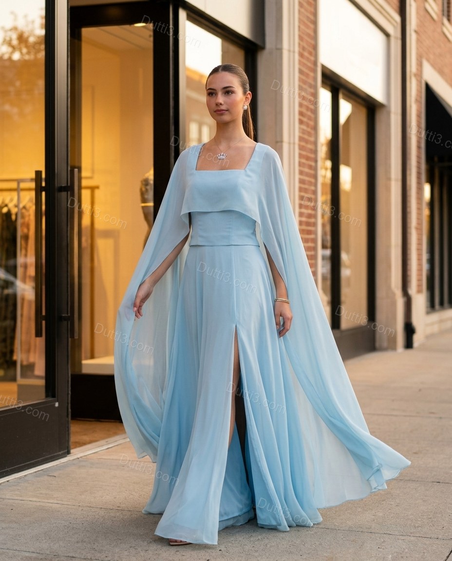 Light Blue Maxi Cape Embroidered Skirt Set, three-quarter brand lifestyle view, by Dutti3