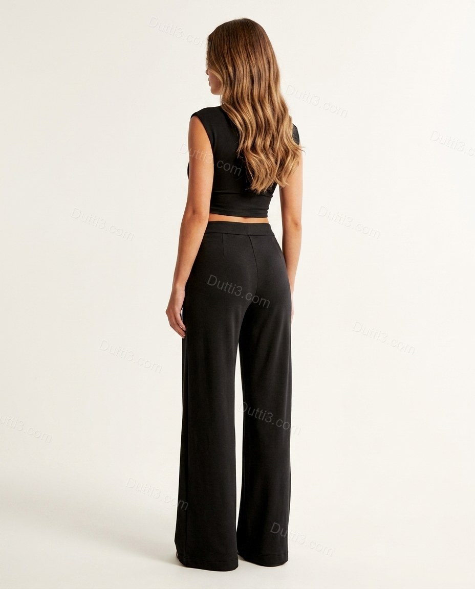 Black Top & Pants Set, back studio view showing clean back silhouette, by Dutti3
