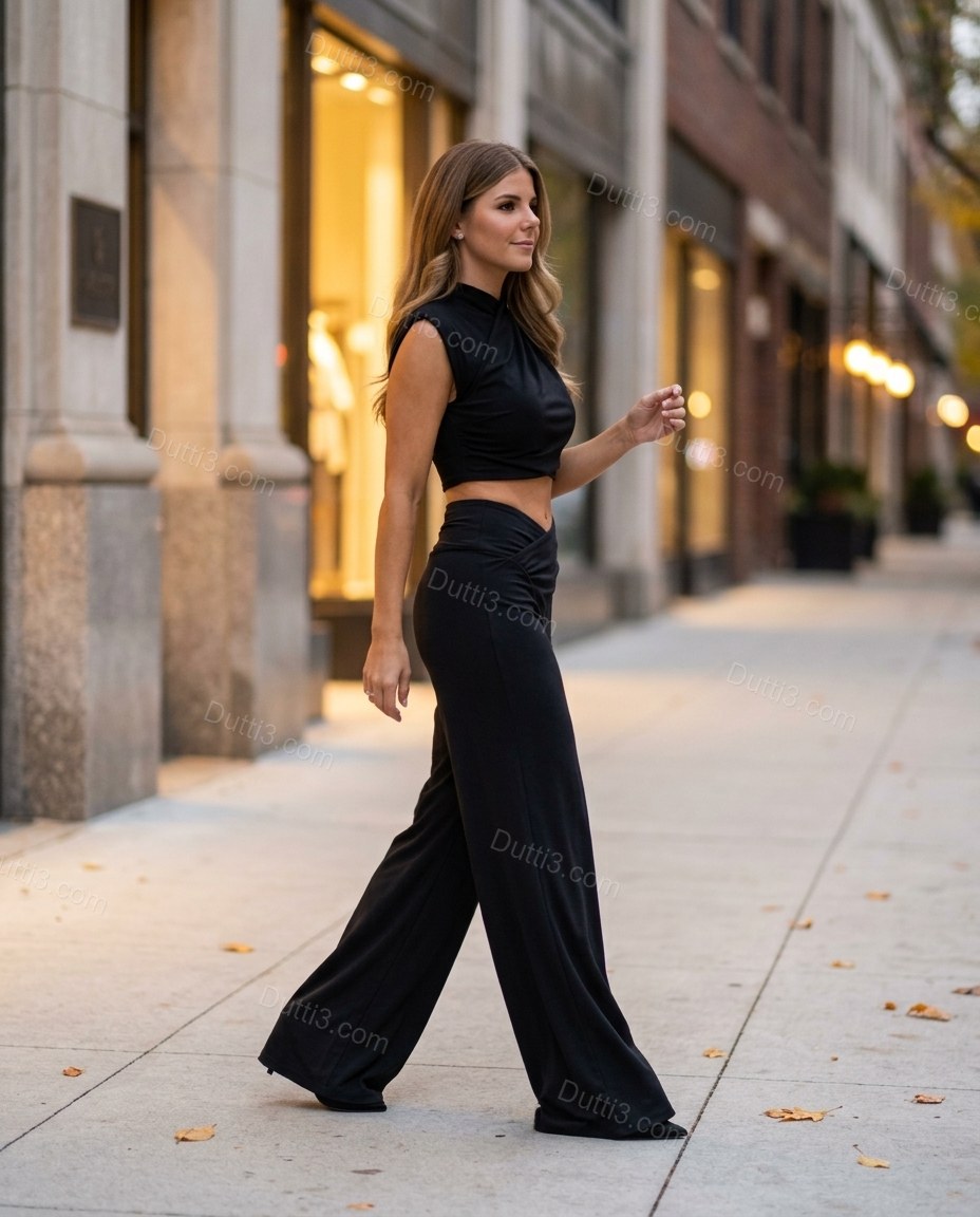Black Top & Pants Set, walking lifestyle view, by Dutti3