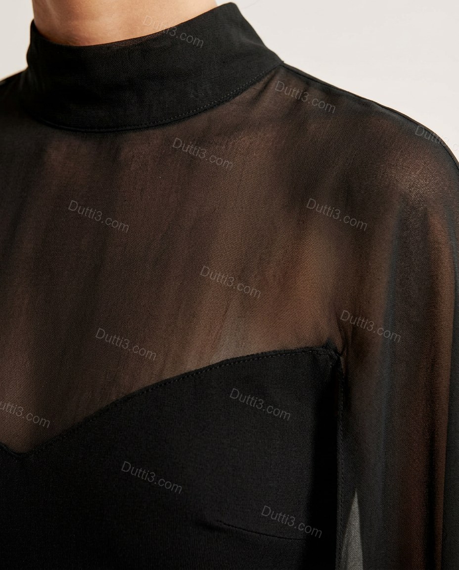 Black Maxi Open-Back Cape Dress, close-up of sheer overlay, cape detail and high-neck, by Dutti3