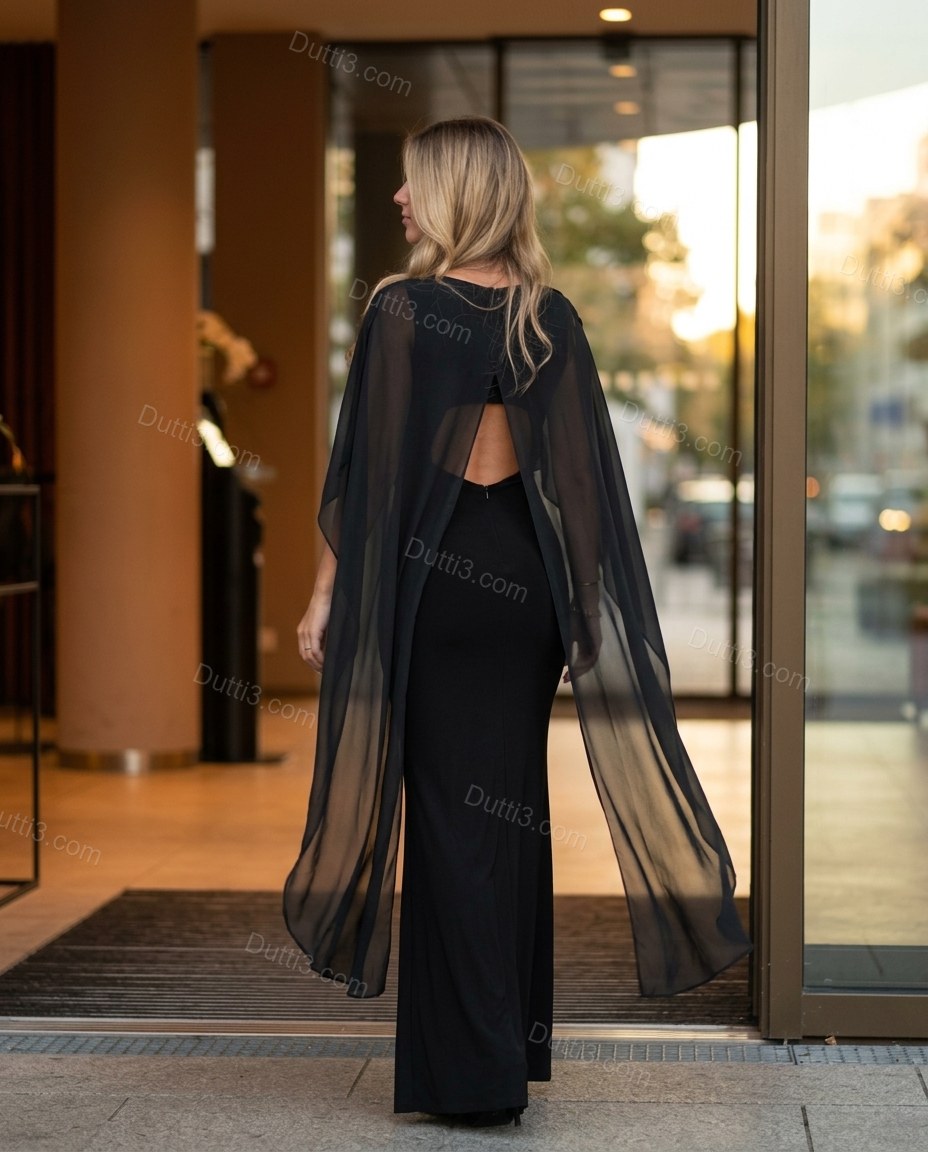 Black Maxi Open-Back Cape Dress, movement and fit lifestyle view, by Dutti3