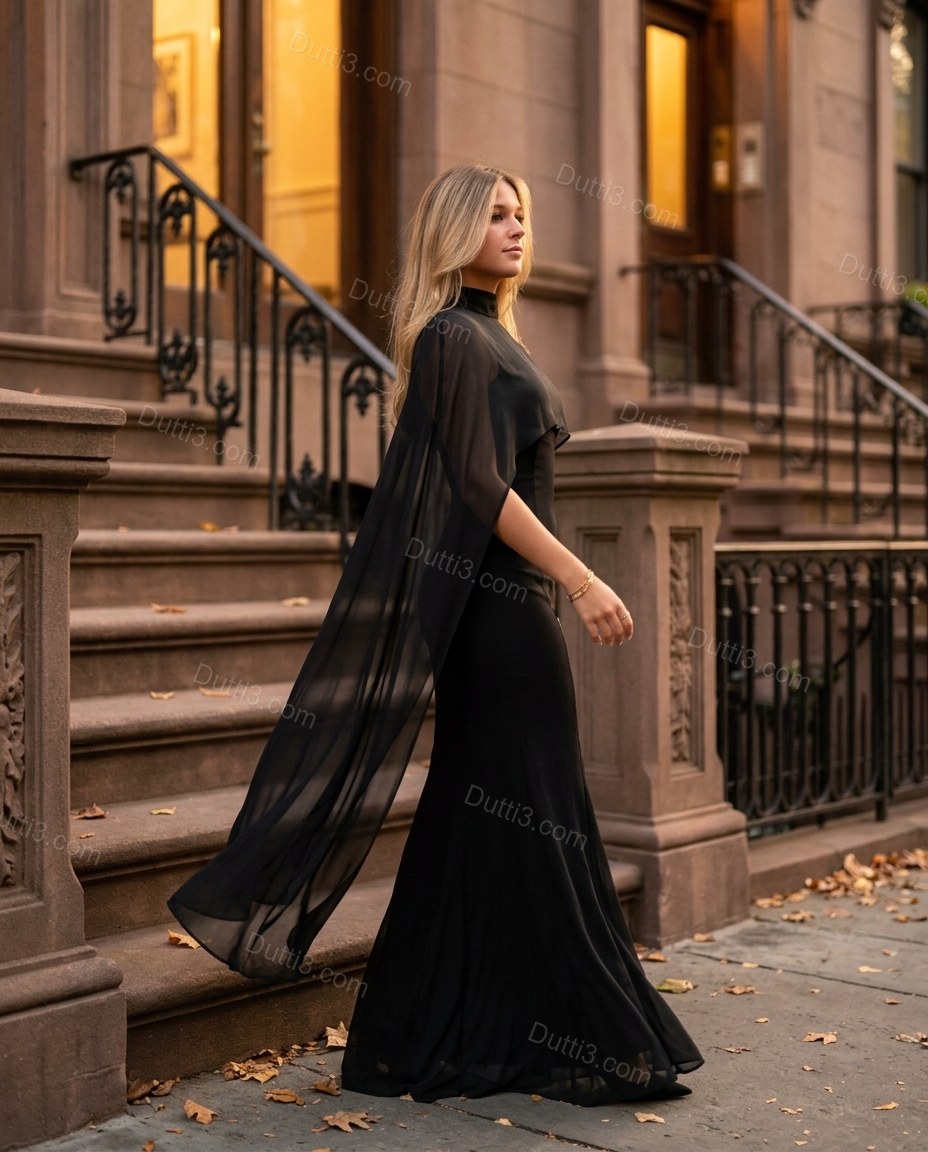 Black Maxi Open-Back Cape Dress, walking lifestyle view, by Dutti3