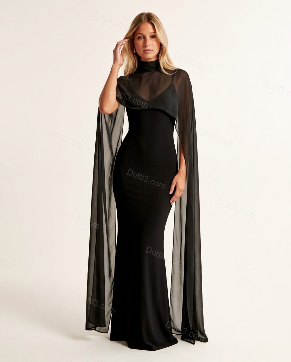 Black Maxi Open-Back Cape Dress, front studio view, by Dutti3