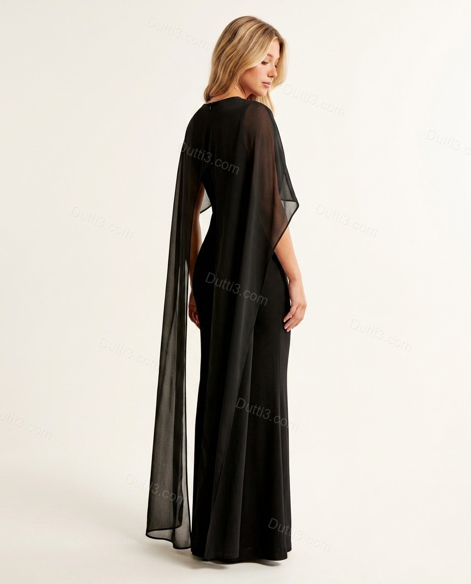 Black Maxi Open-Back Cape Dress, back studio view, by Dutti3