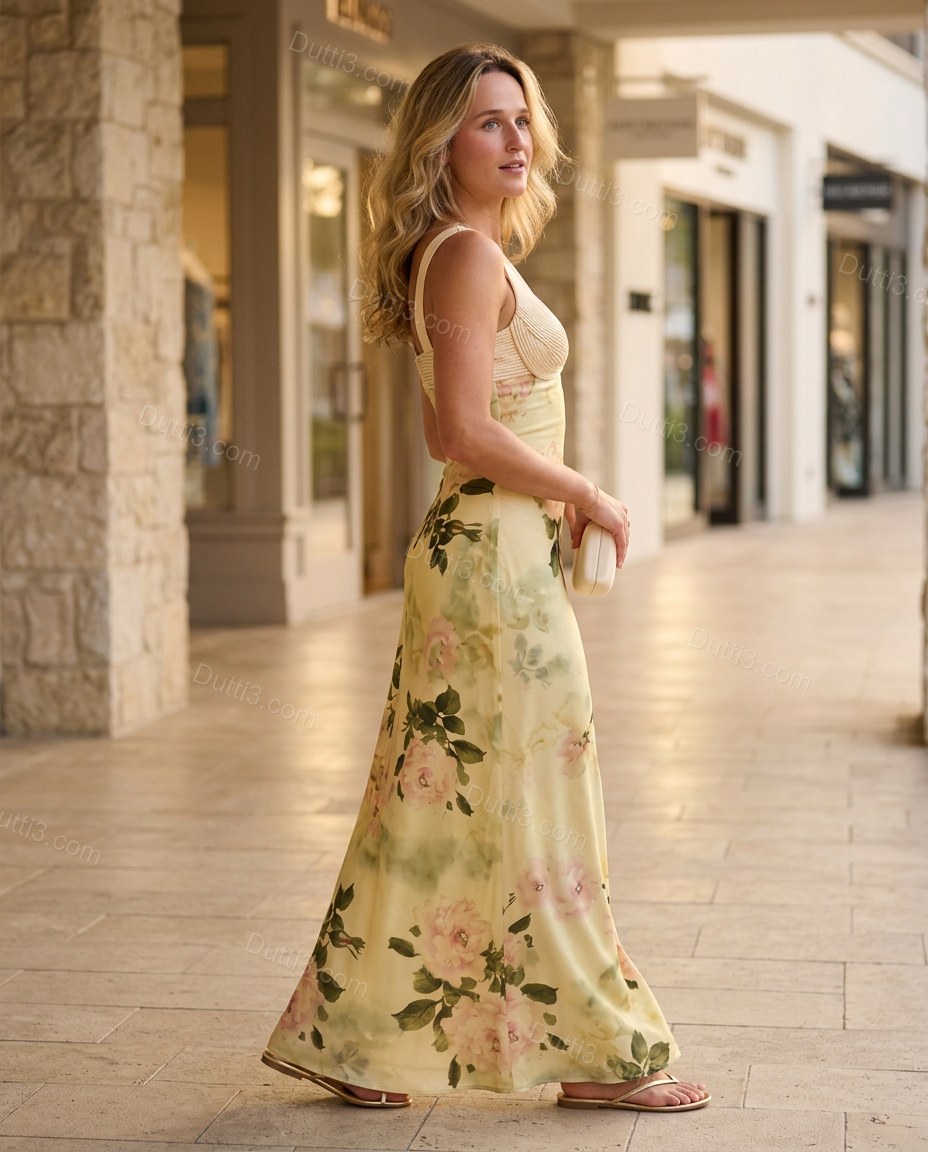 Yellow Floral Dress, walking lifestyle view, by Dutti3