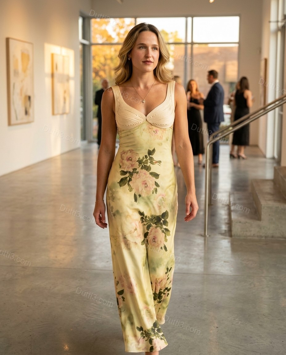 Yellow Floral Dress, three-quarter brand lifestyle view, by Dutti3