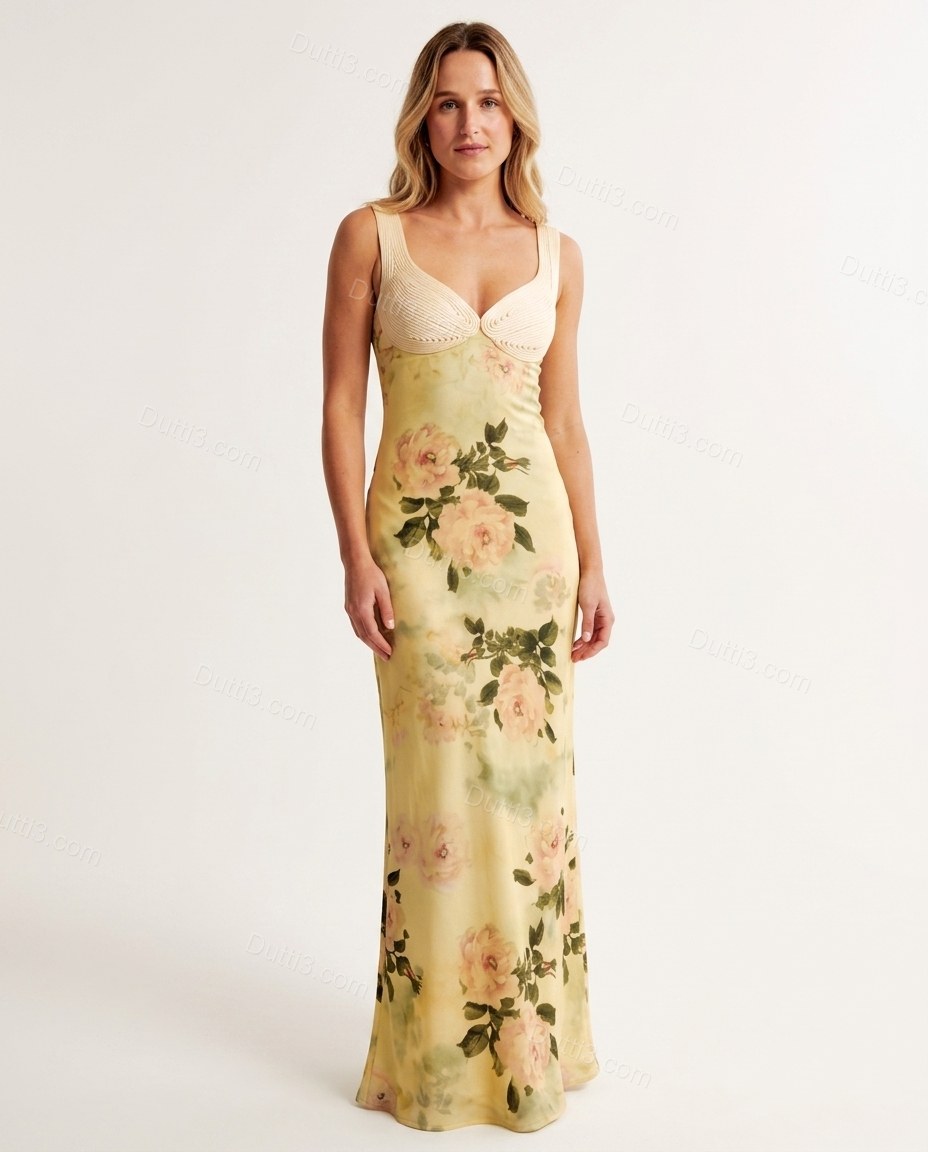 Yellow Floral Dress, front studio view, by Dutti3