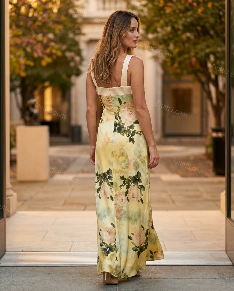 Yellow Floral Dress, movement and fit lifestyle view, by Dutti3