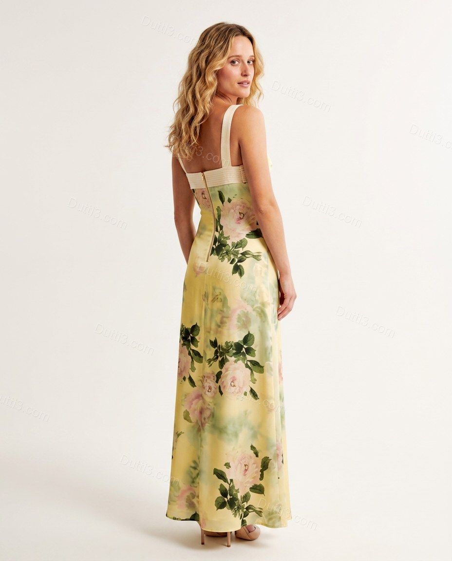 Yellow Floral Dress, back studio view showing straight back with visible zipper closure, by Dutti3
