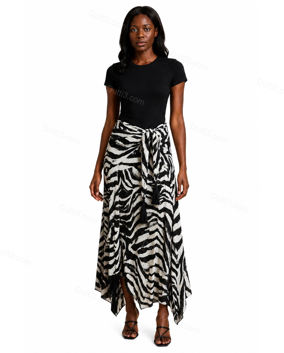 Ivory Animal Print Fringe Asymmetric Bottom, front studio view, by Dutti3