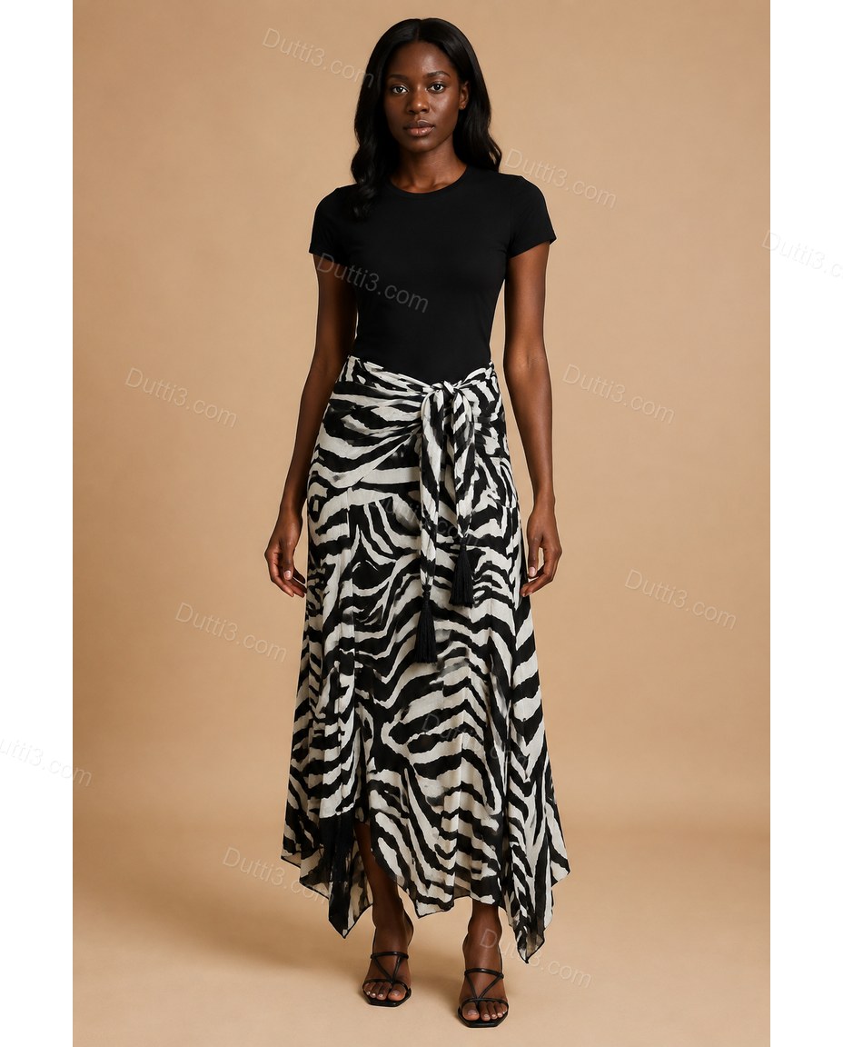 Ivory Animal Print Fringe Asymmetric Bottom, full-length hero view, by Dutti3