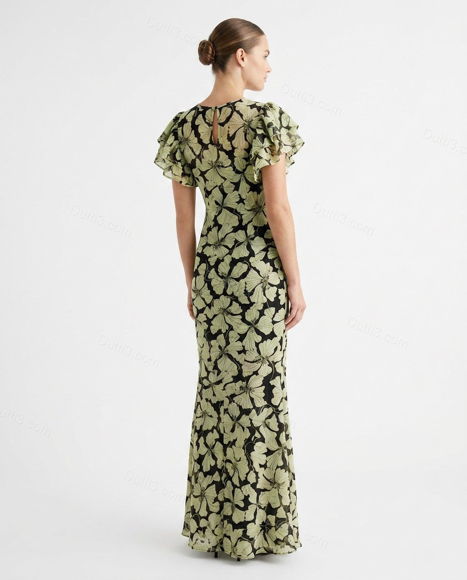 Black Floral Maxi Dress, back studio view showing keyhole back opening with button closure, by Dutti3