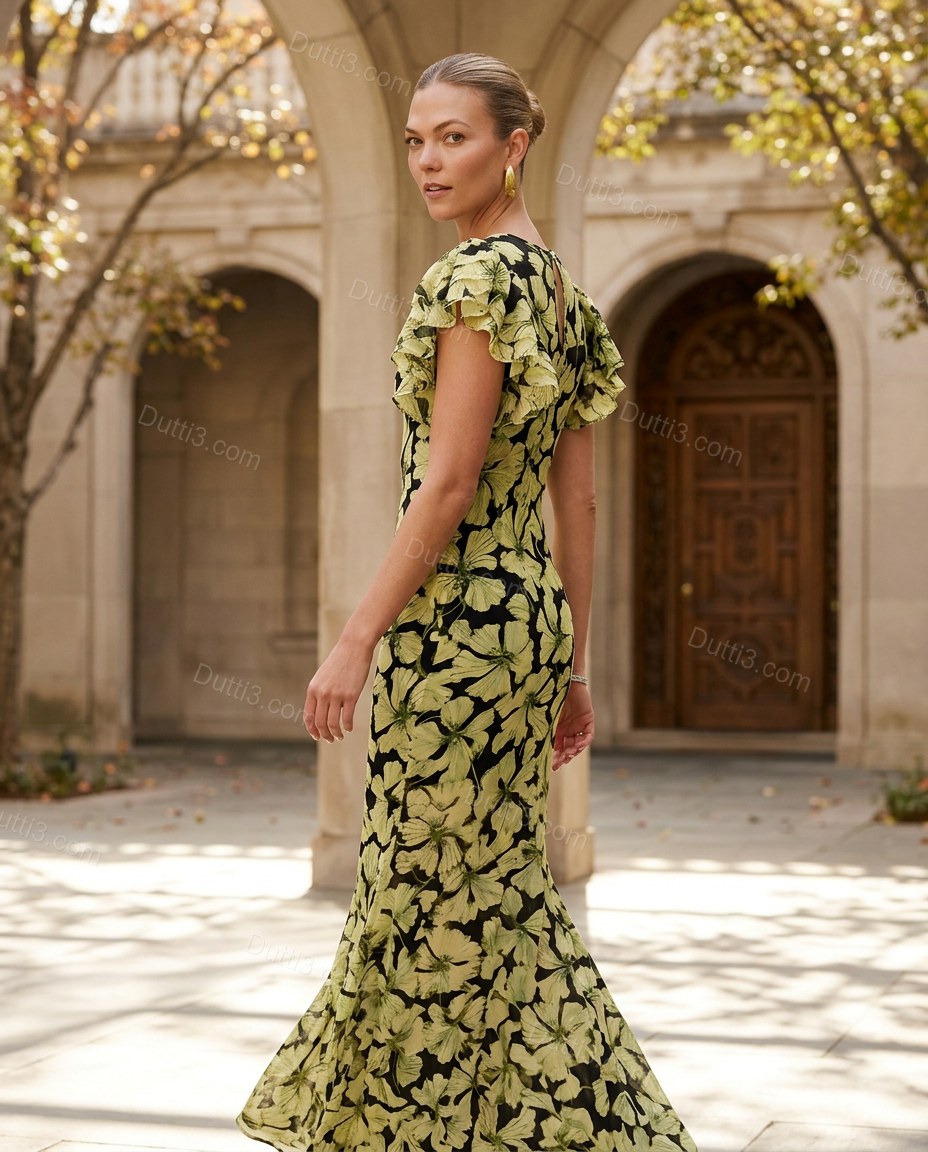 Black Floral Maxi Dress, walking lifestyle view, by Dutti3