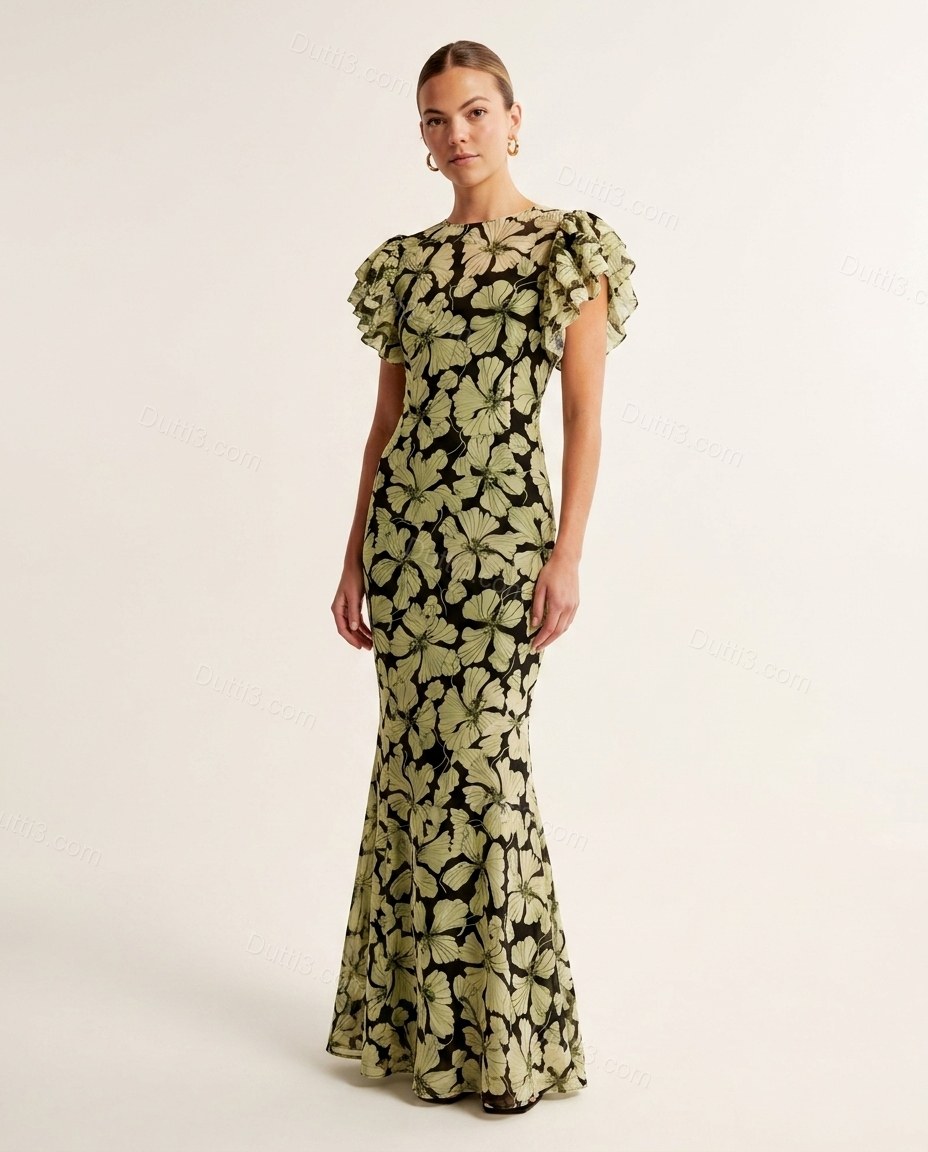 Black Floral Maxi Dress, front studio view, by Dutti3