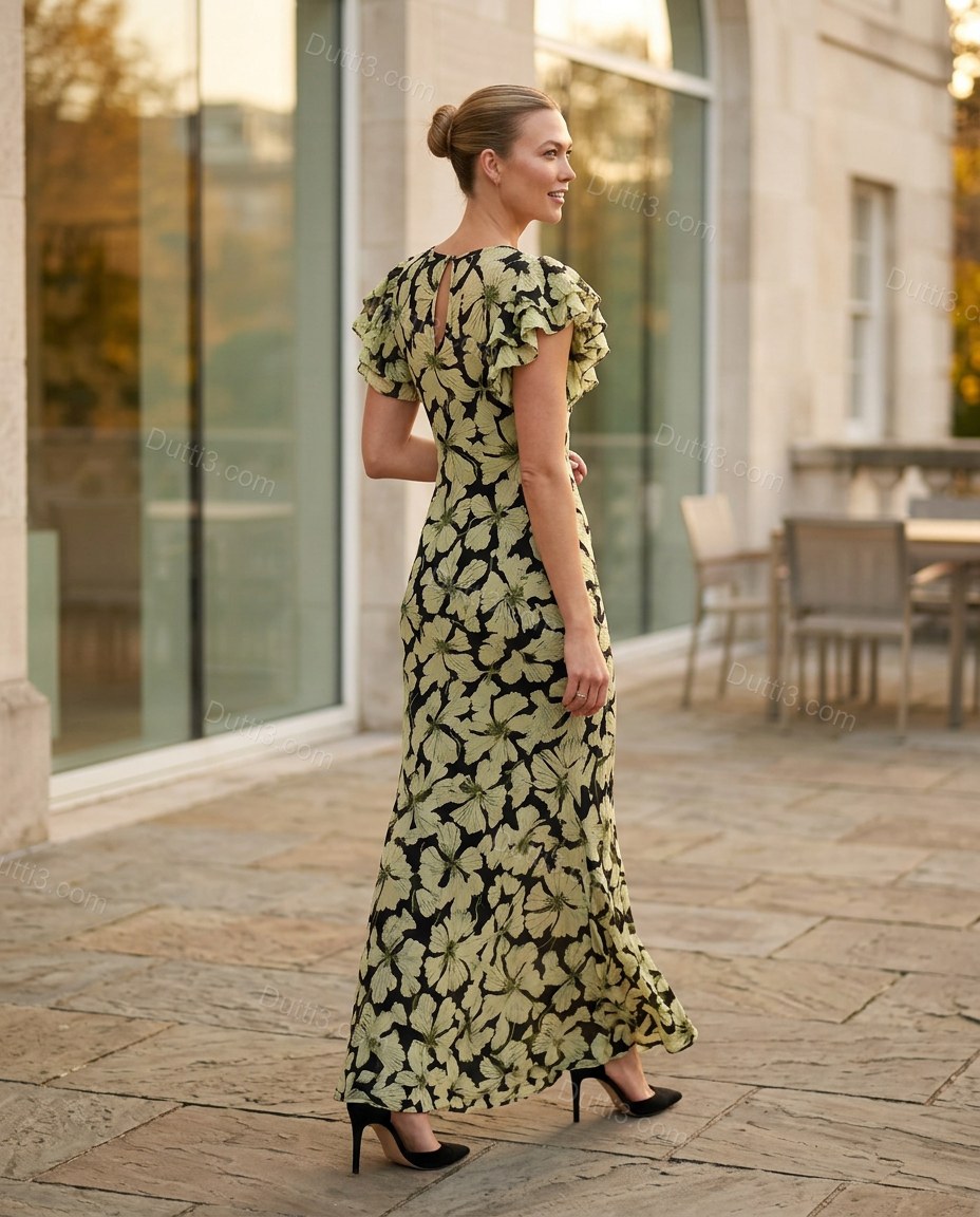 Black Floral Maxi Dress, movement and fit lifestyle view, by Dutti3